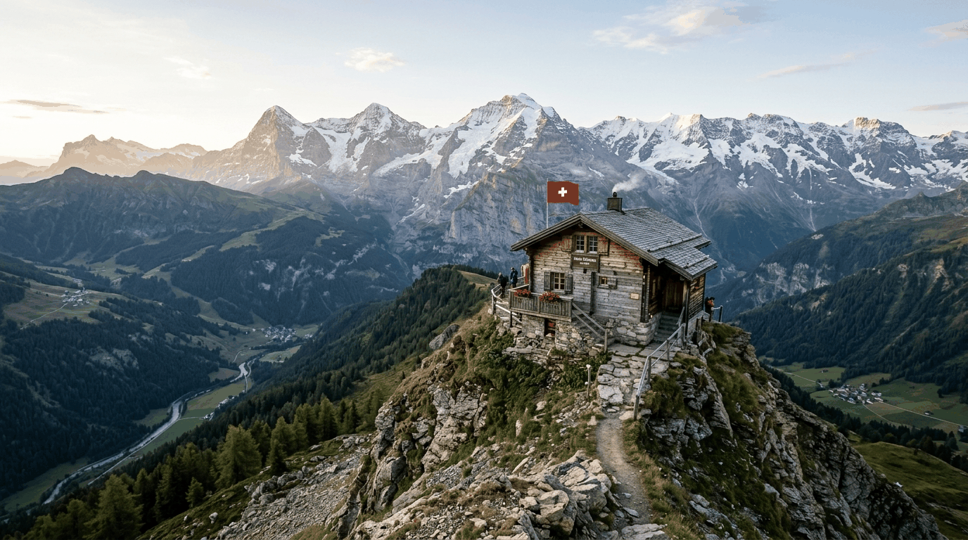 Majestic Alpine mountain range and forest with waving Swiss flag
