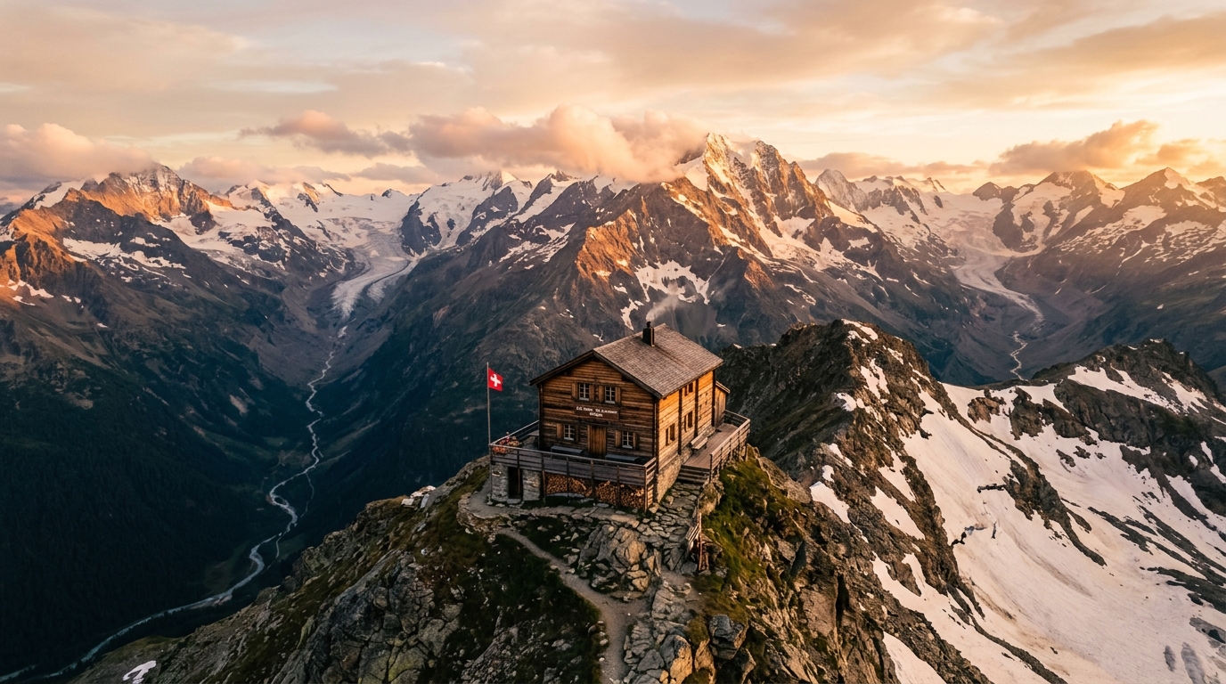 Alpine hut at golden hour sunset